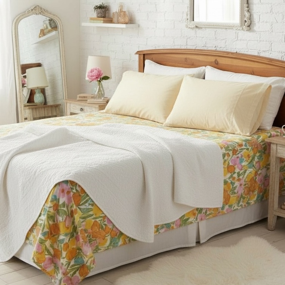 Vintage 80’s Cannon Pastel Print Tulip Double Flat Bed Sheet &  Pillow Case Set